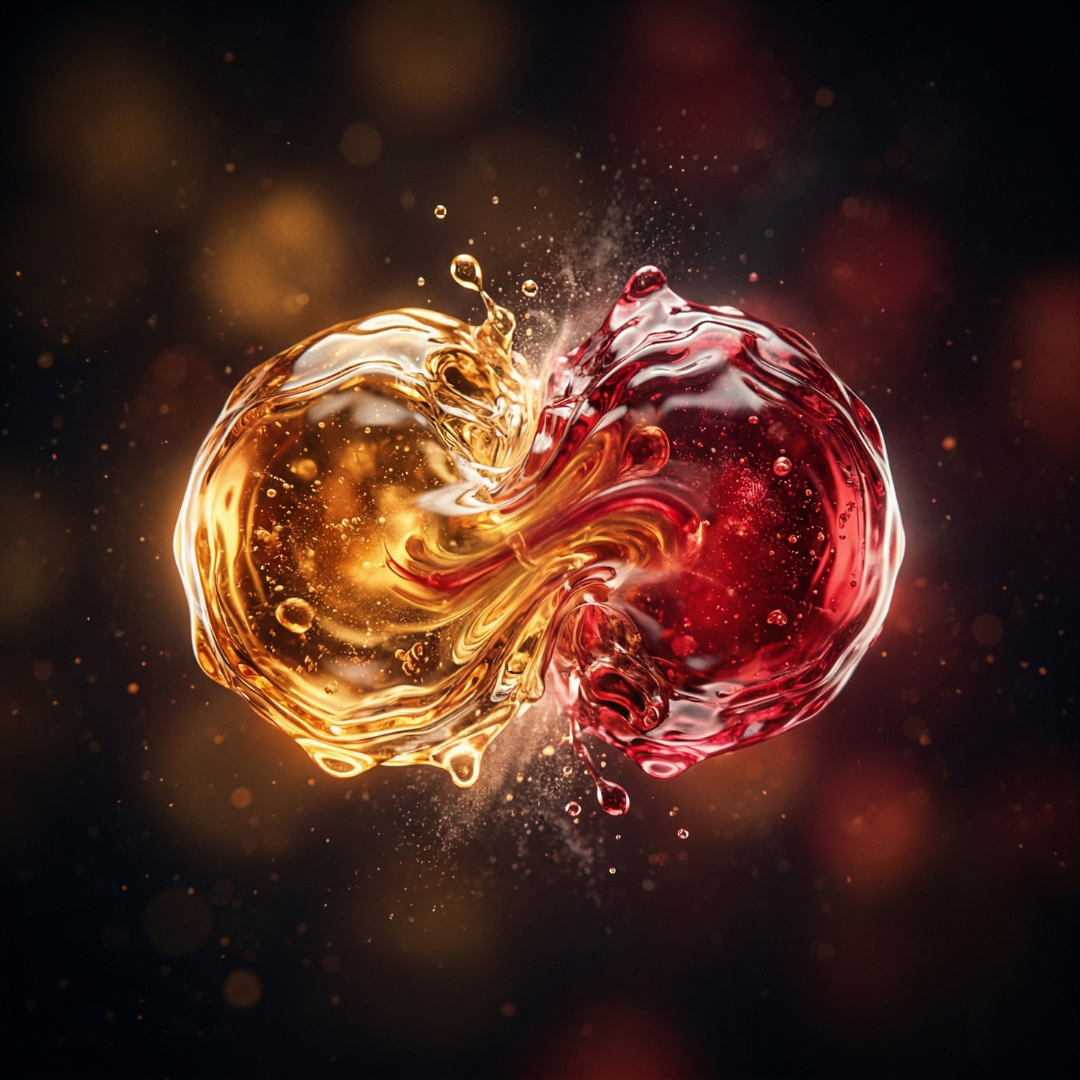 Golden and berry-red liquid splashes merging to represent the synergy of Neupril's folate and B12