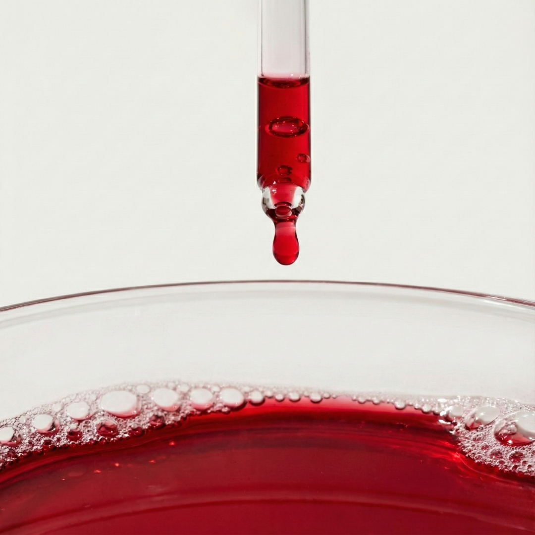 Droplet of red methylfolate formula falling from a glass dropper into a clear dish