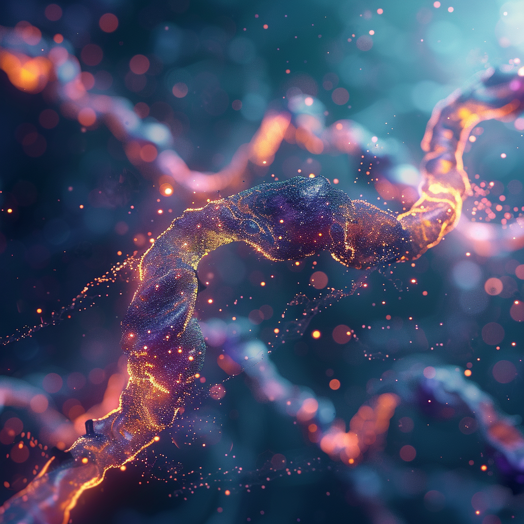 Vibrant 3D render of pulsing orange light traveling through dark, fluid-like biological structures on a teal bokeh background, illustrating complex cellular processes.