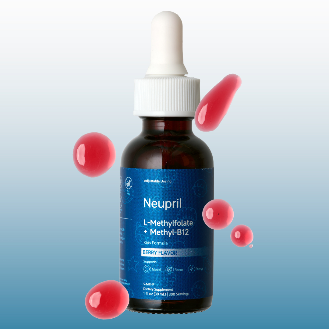 Neupril Kids Formula L-Methylfolate + B12 bottle with floating pink berry liquid droplets on a blue gradient