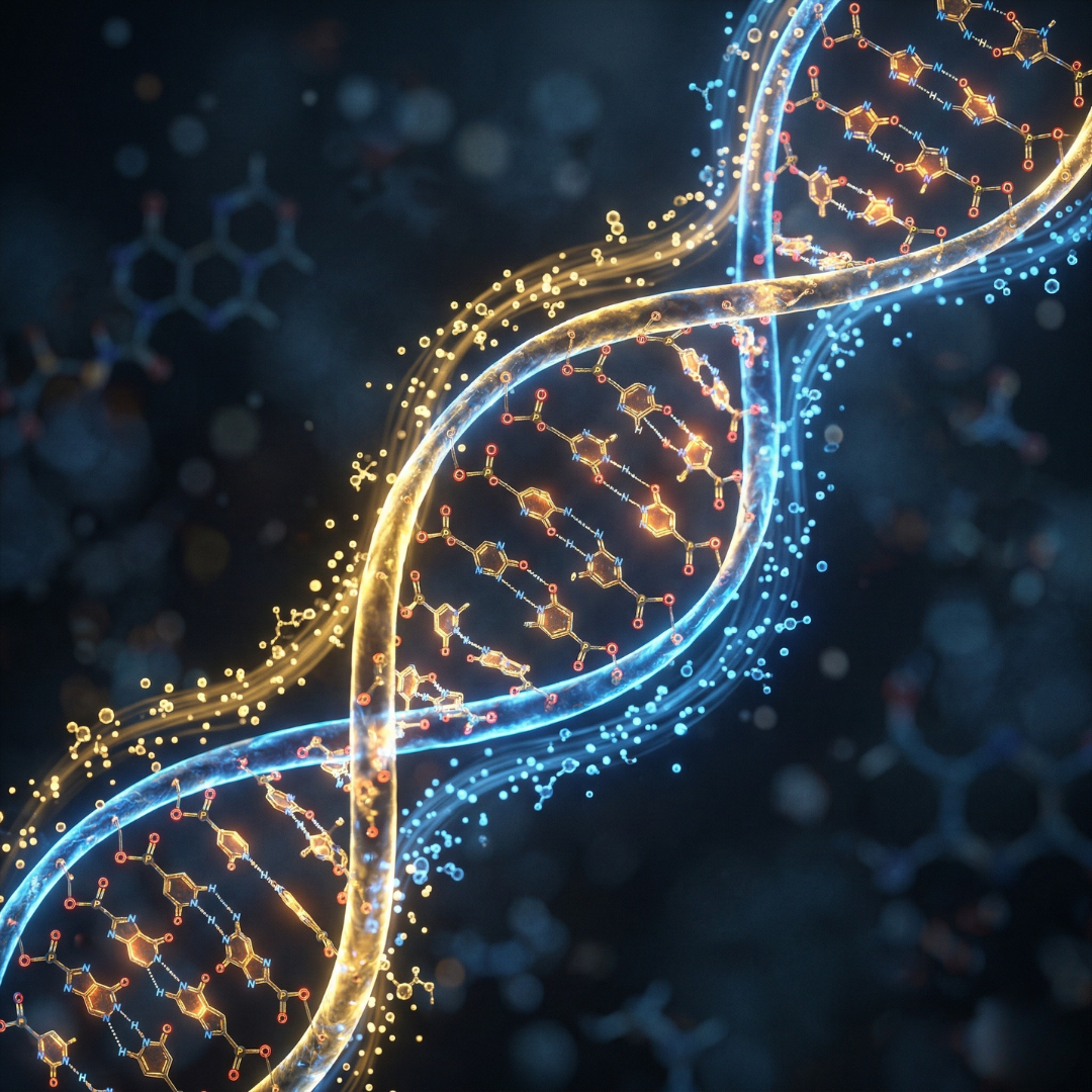 A vibrant blue and gold DNA strand illustrating the biological impact of Neupril's active folate
