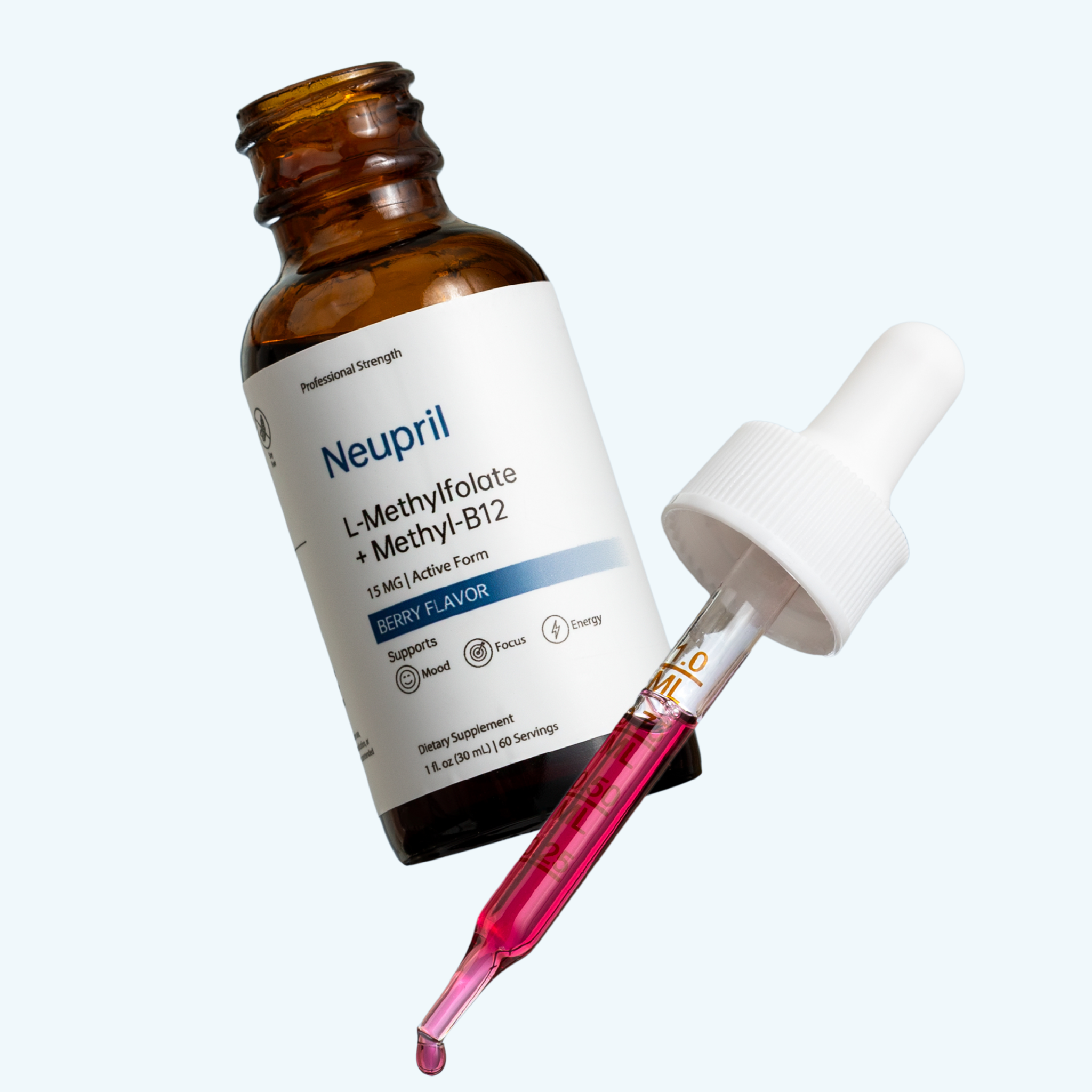 Brown bottle labeled 'Neupril' with a dropper containing pink liquid.