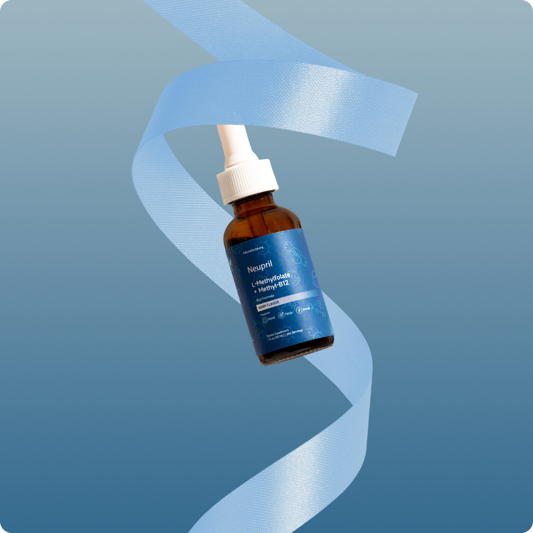 Neupril Kids L-Methylfolate + Methyl-B12 berry flavor dropper bottle with blue label, floating with a light blue ribbon swirling around it