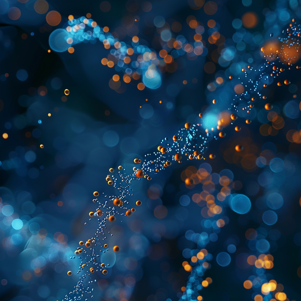 Stylized molecular pathway render showing the interaction between bioactive particles and cellular filaments on a dark bokeh background, illustrating nutrient transport.