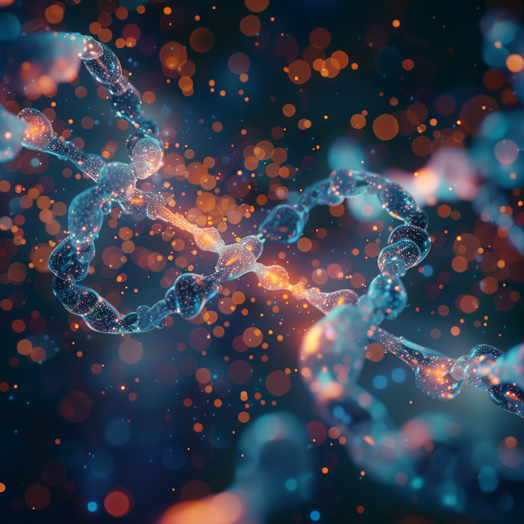 A detailed 3D scientific visualization of interconnected molecular pathways, featuring translucent, glowing teal structures linked by warm orange light particles. The background is a dark, cinematic bokeh of blue and orange sparks, representing cellular absorption and nutrient bioactivity.