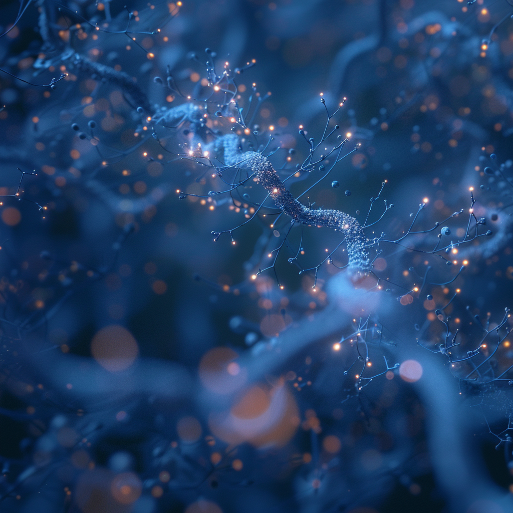 An abstract 3D visualization of a branching cellular pathway with glowing light particles, illustrating the efficient transport and distribution of Neupril nutrients throughout the biological network.
