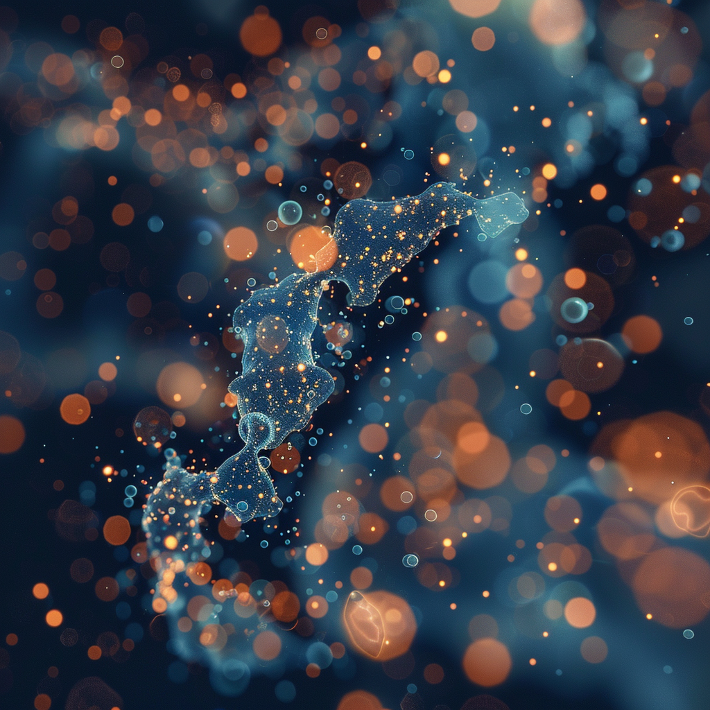 Microscopic-style 3D render of a blue fluid filament surrounded by floating orange bokeh light particles and bubbles, depicting a cellular-level chemical process.