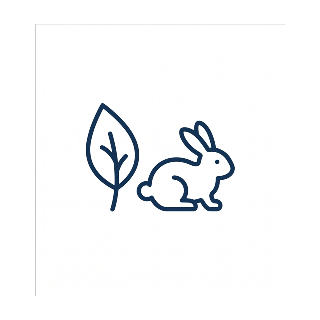 A dark blue line icon of a rabbit sitting next to a leaf.