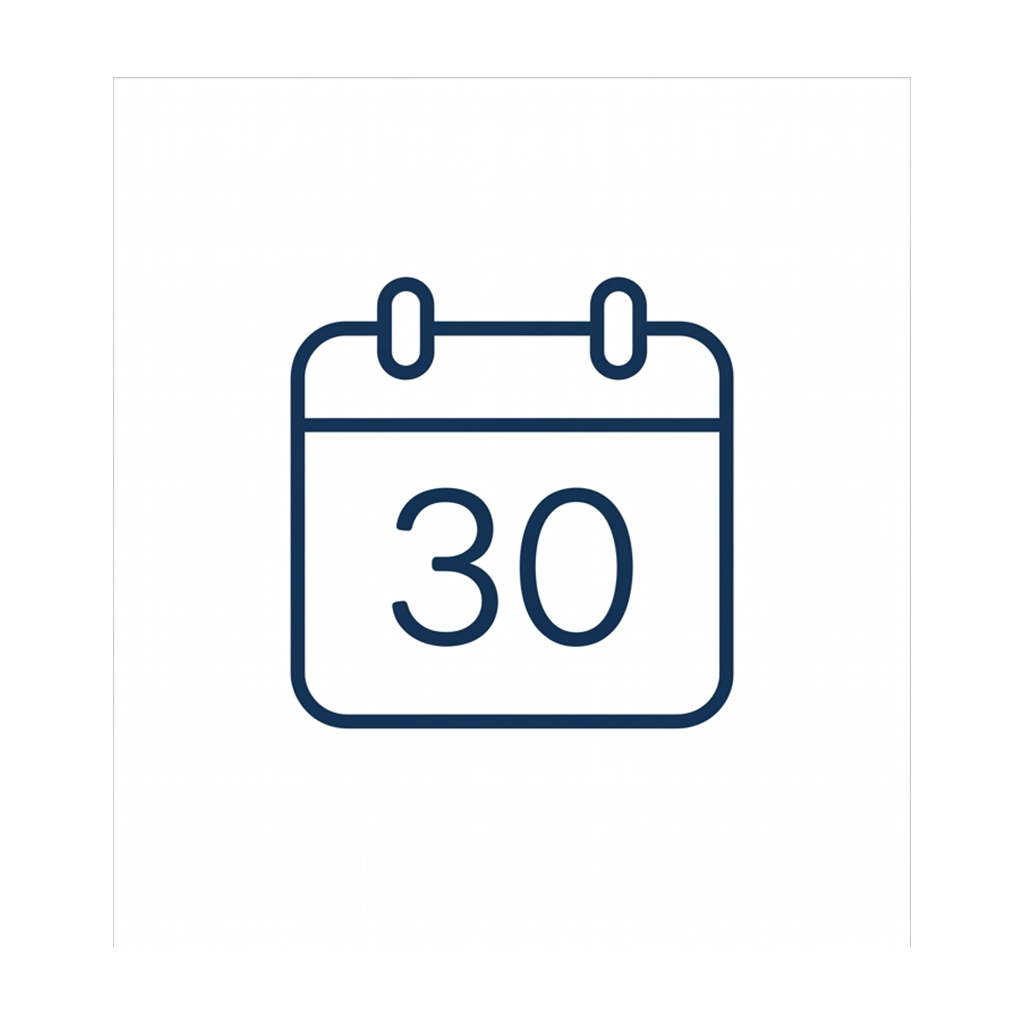 A dark blue line icon of a calendar showing the number 30.