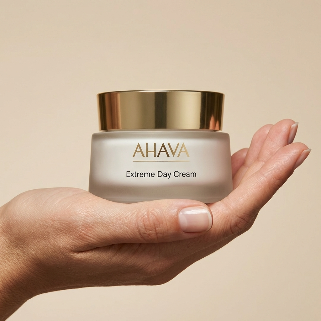 A hand holding a frosted glass jar of AHAVA Extreme Day Cream with a gold lid.