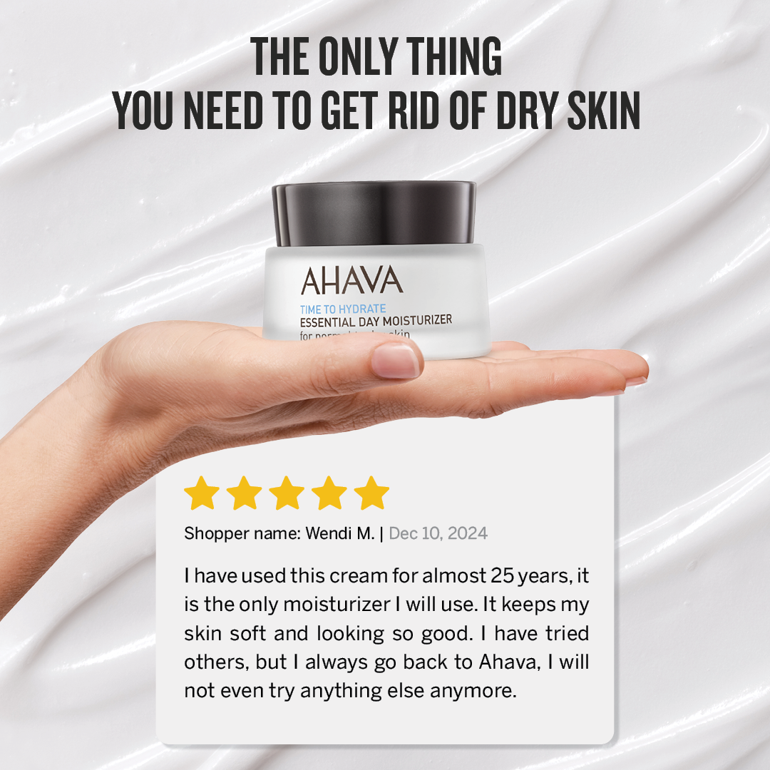 A hand holding a jar of Ahava moisturizer over a five-star customer review.