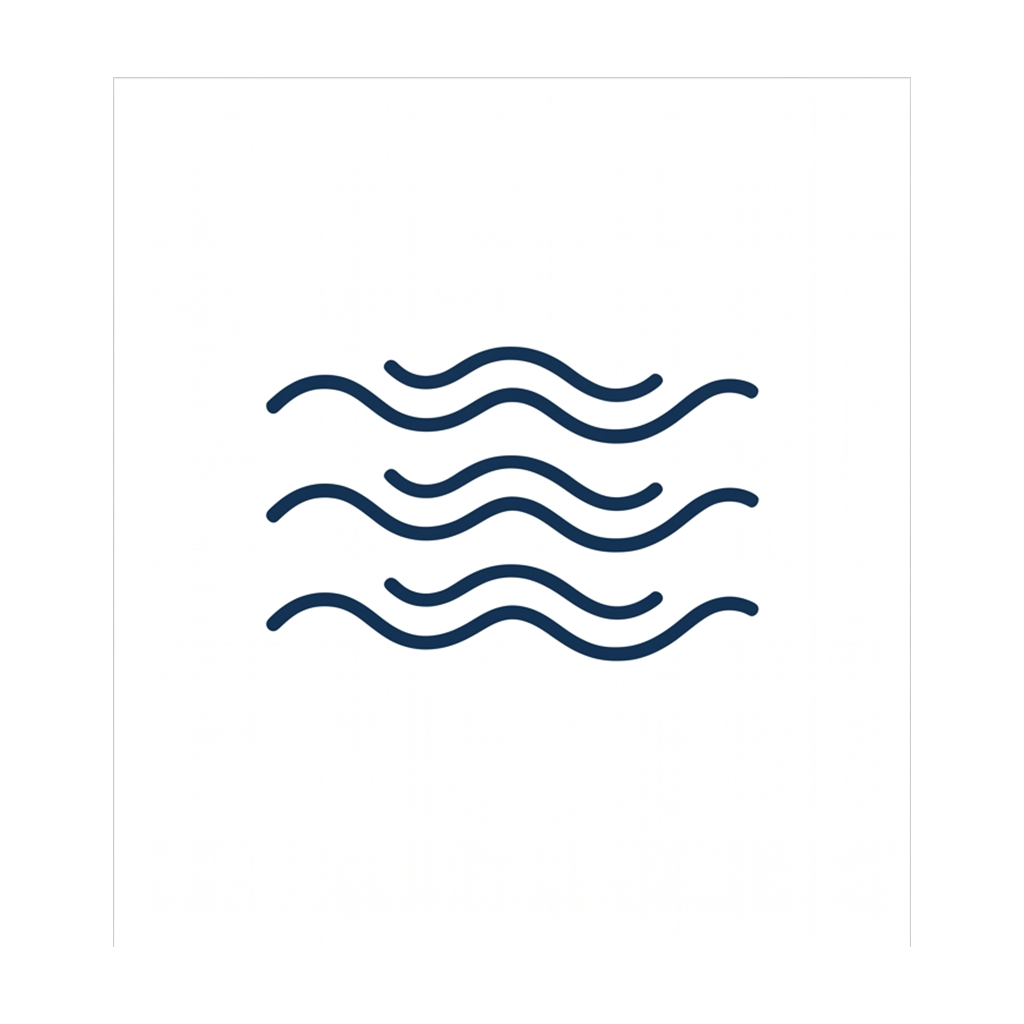 A simple dark blue line icon of four wavy horizontal lines representing water.