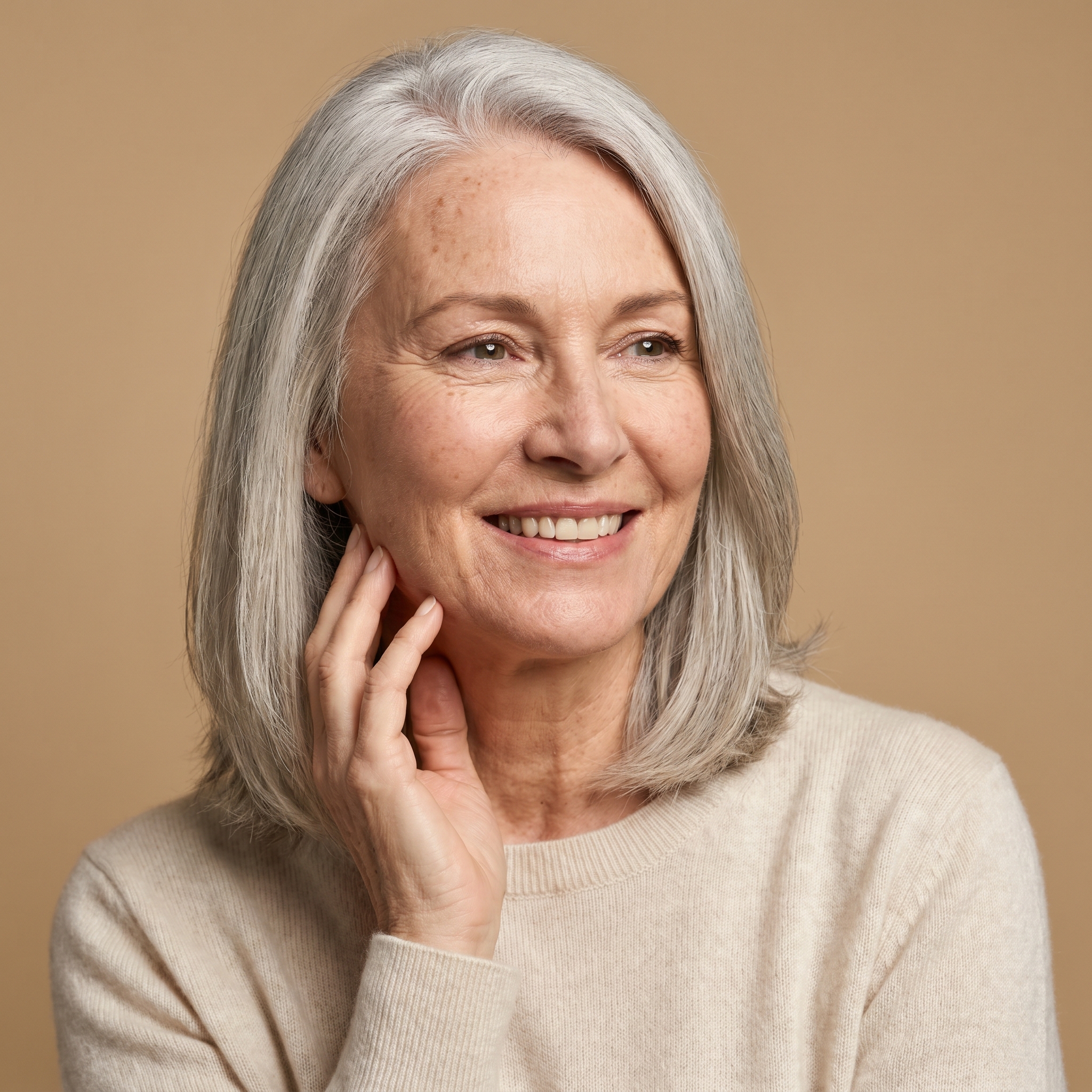 A smiling older woman with gray hair, looking to the side, with her hand on her neck.