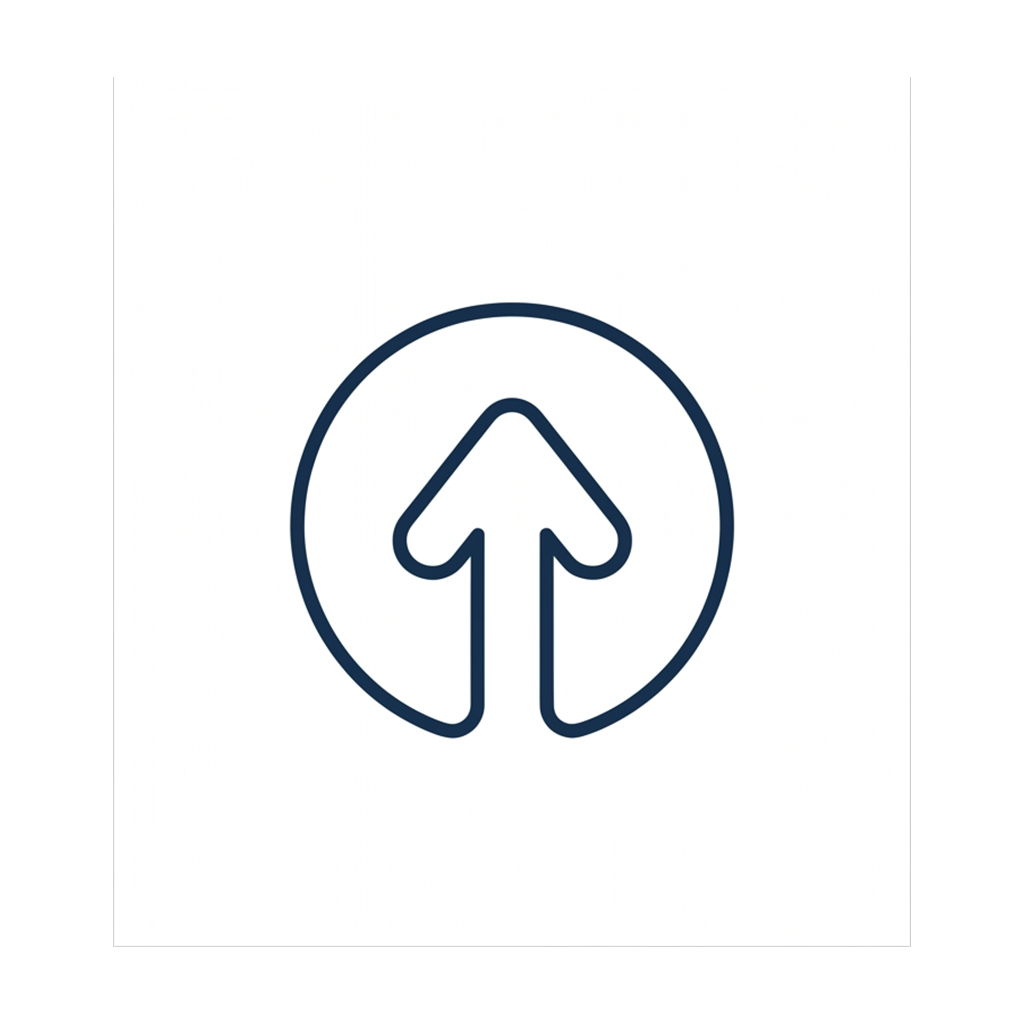 A dark blue line icon of an arrow pointing up inside a circle.