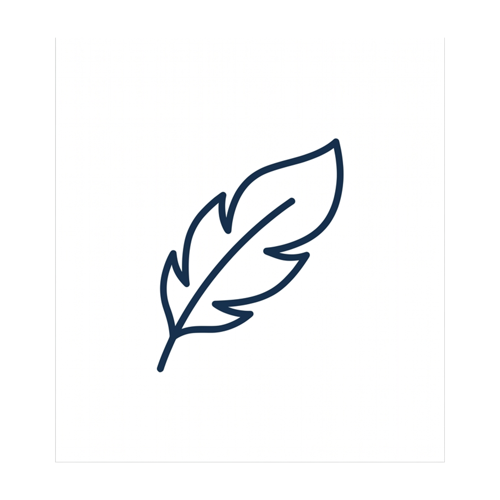 A simple dark blue line drawing of a feather on a white background.