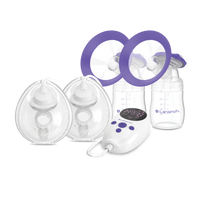 Breast pump set with bottles, shields, and a digital control unit.