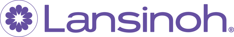Purple logo with a flower design and the word 'Lansinoh'.