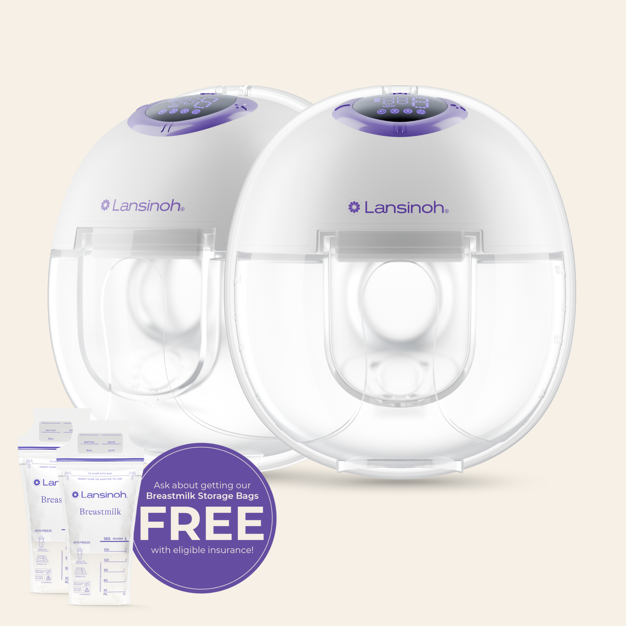 Two breast pumps with storage bags and a free offer label.