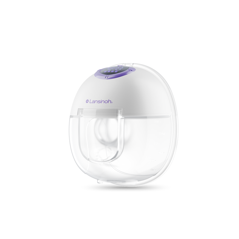 White and purple Lansinoh breast pump with a digital display.