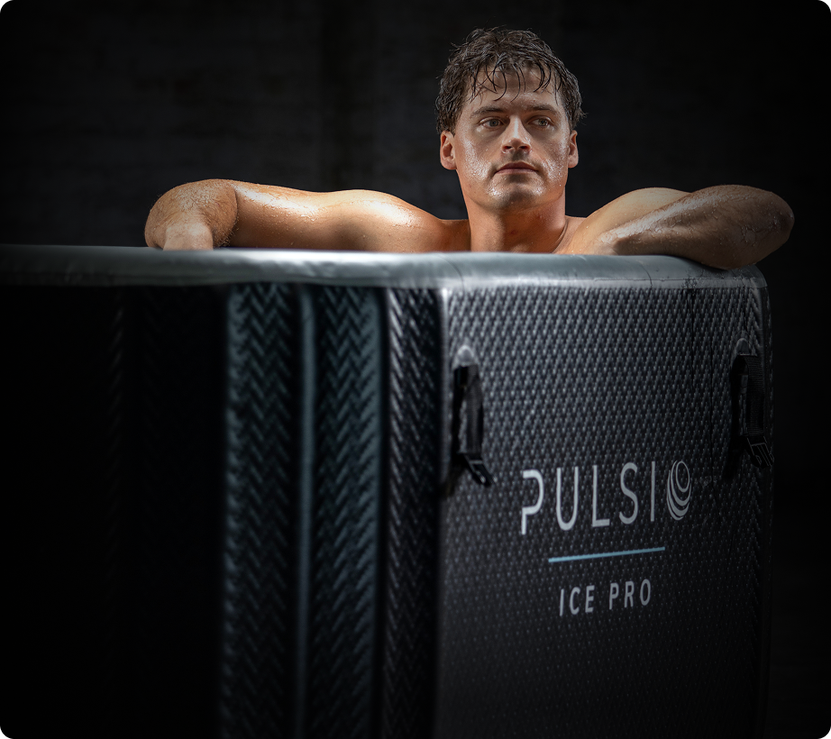 Person in an ice bath with 'PULSI ICE PRO' written on the side.