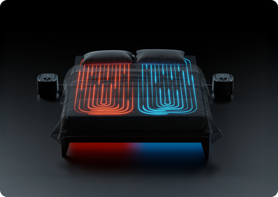 A mattress pad on a bed with red and blue glowing lines indicating heating and cooling zones.