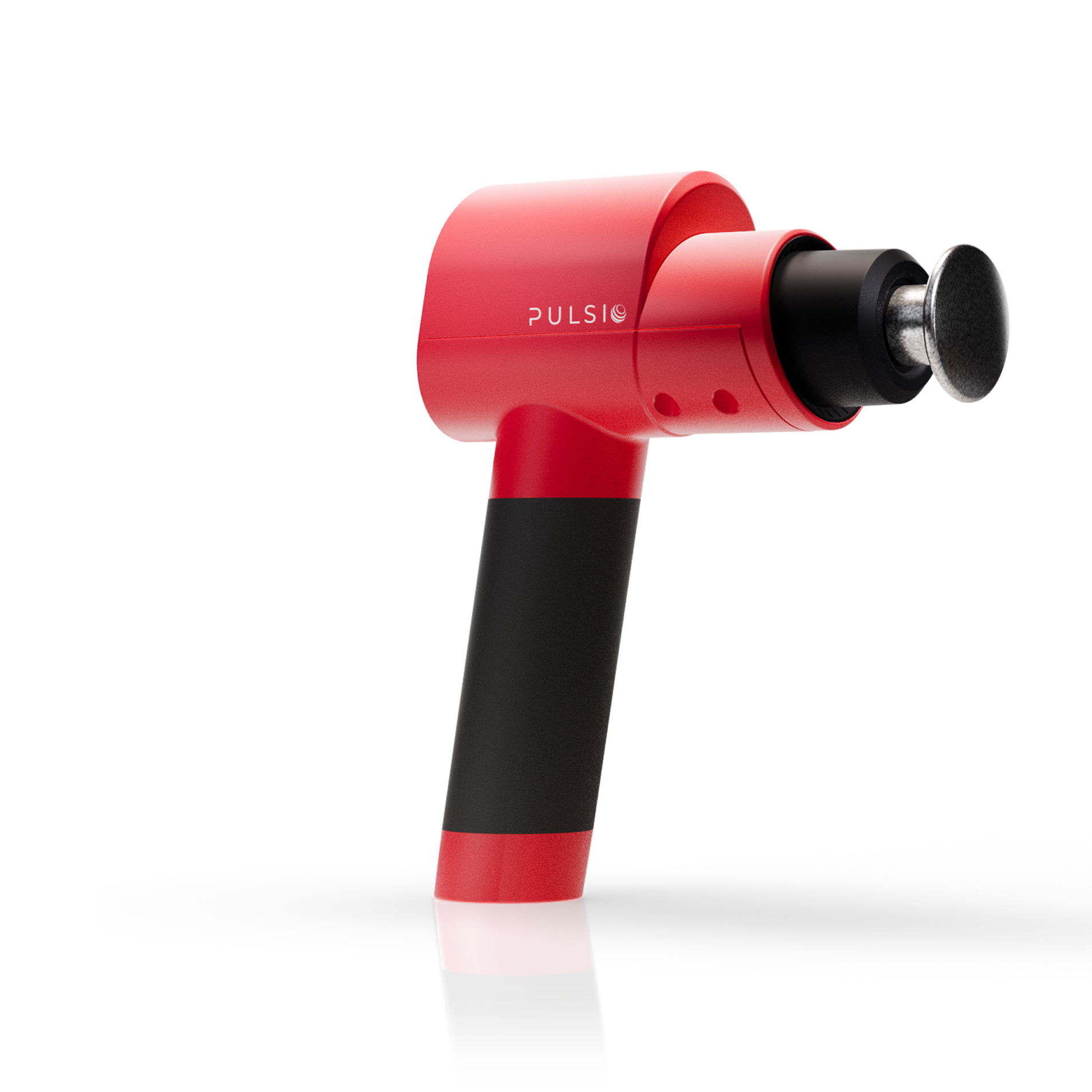 A red and black Pulsio brand percussive massage gun with a metal tip on a white background.
