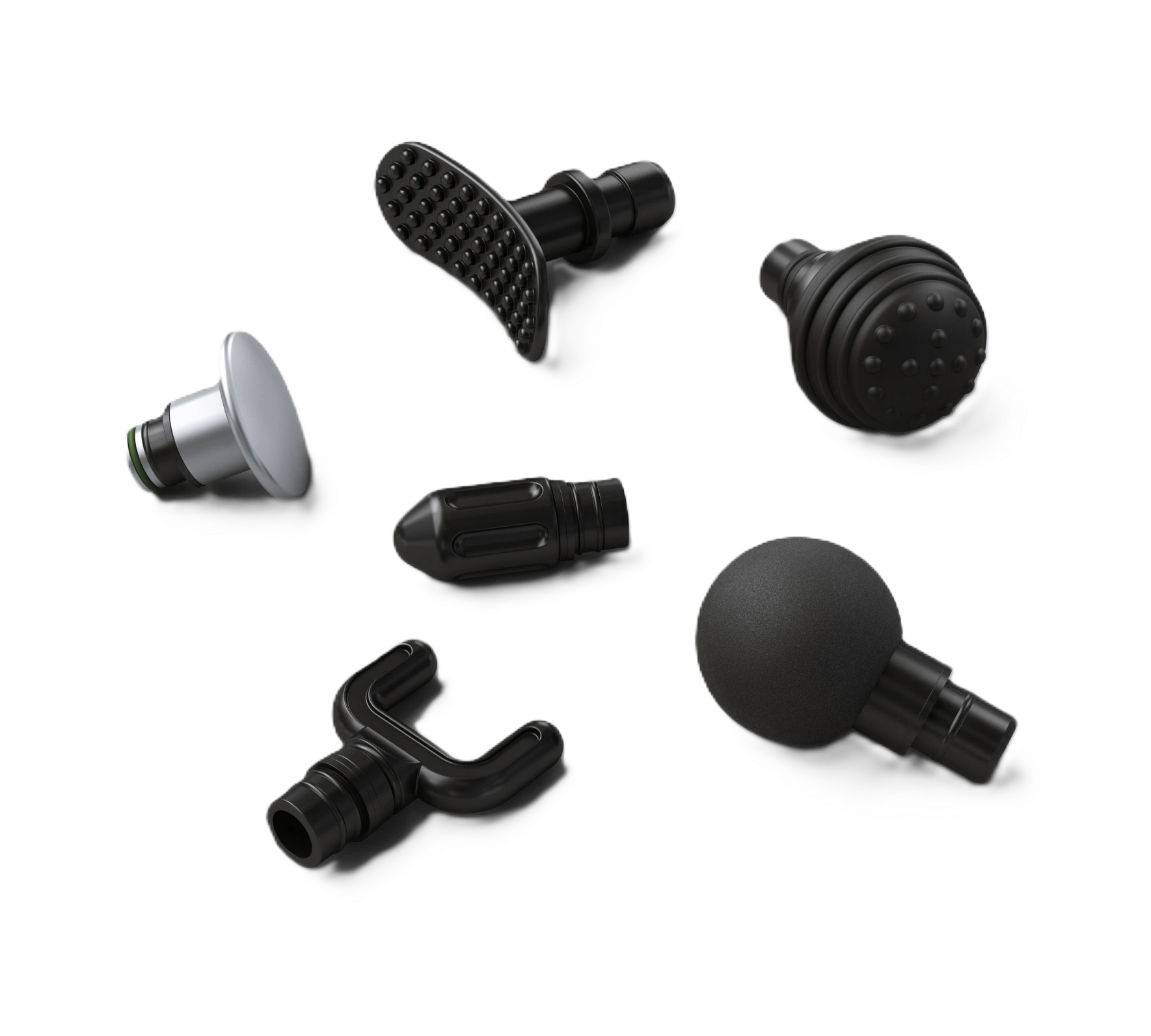 Six different massage gun attachments on a white background.