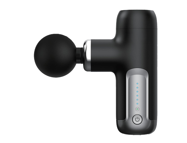 Black handheld massage gun with a round attachment and power button.