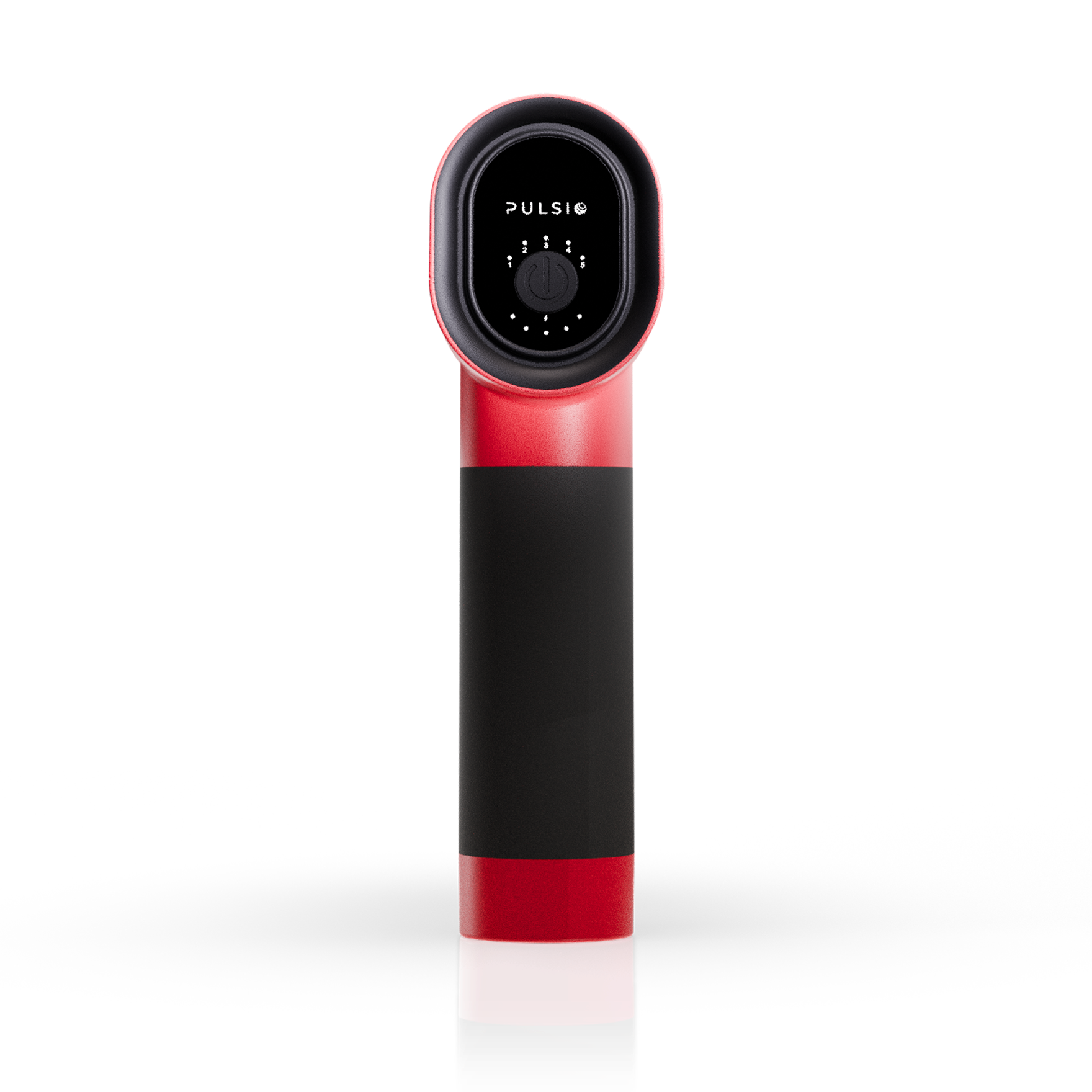 A red and black handheld electronic massage gun with a digital display, against a white background.