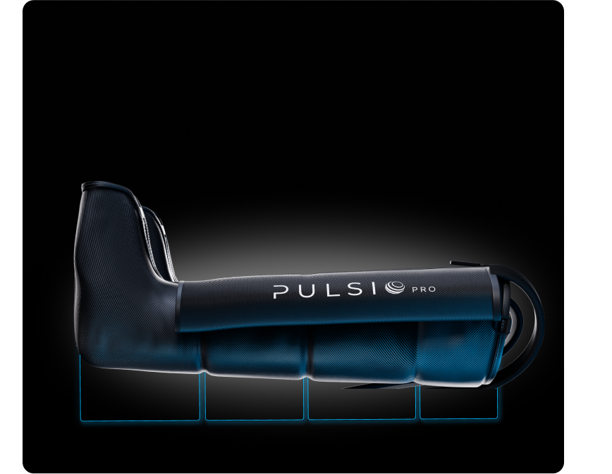 Black and blue leg compression device labeled 'PULSIO PRO' on a dark background.