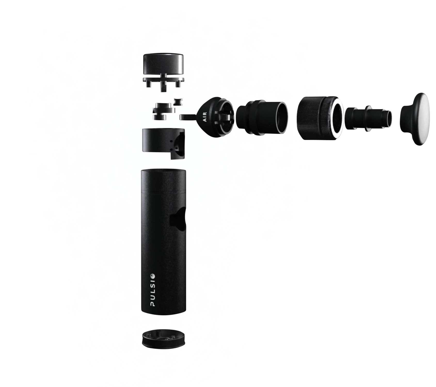 Exploded view of a black cylindrical device with labeled parts.