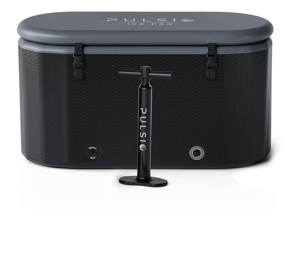 A gray portable ice bath with handles, labeled 'PULSI,' and a black hand pump.