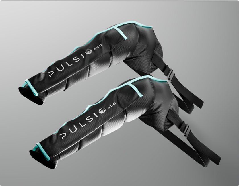 Two black padded leg braces with turquoise accents and 'PULSI PRO' branding.