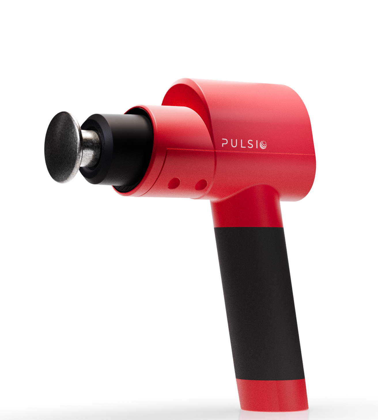 A red and black Pulsio massage gun with a flat head attachment against a white background.