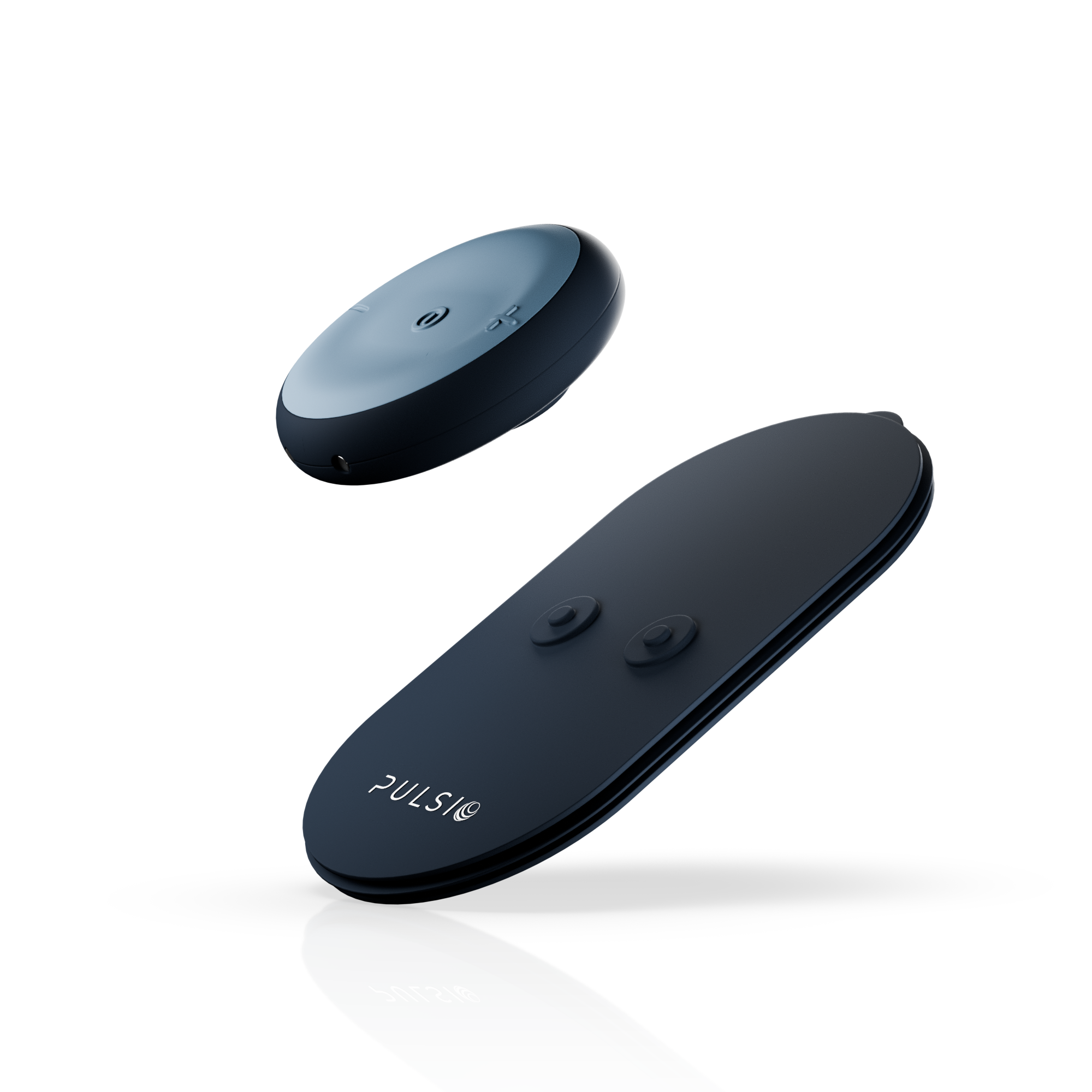A sleek, black PULSIO electrical stimulation device and its accompanying remote control against a white background.