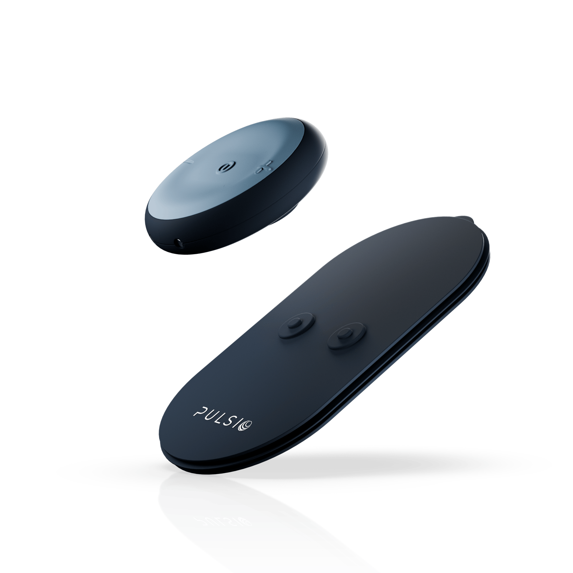 A sleek, black PULSIO electrical stimulation device and its accompanying remote control against a white background.