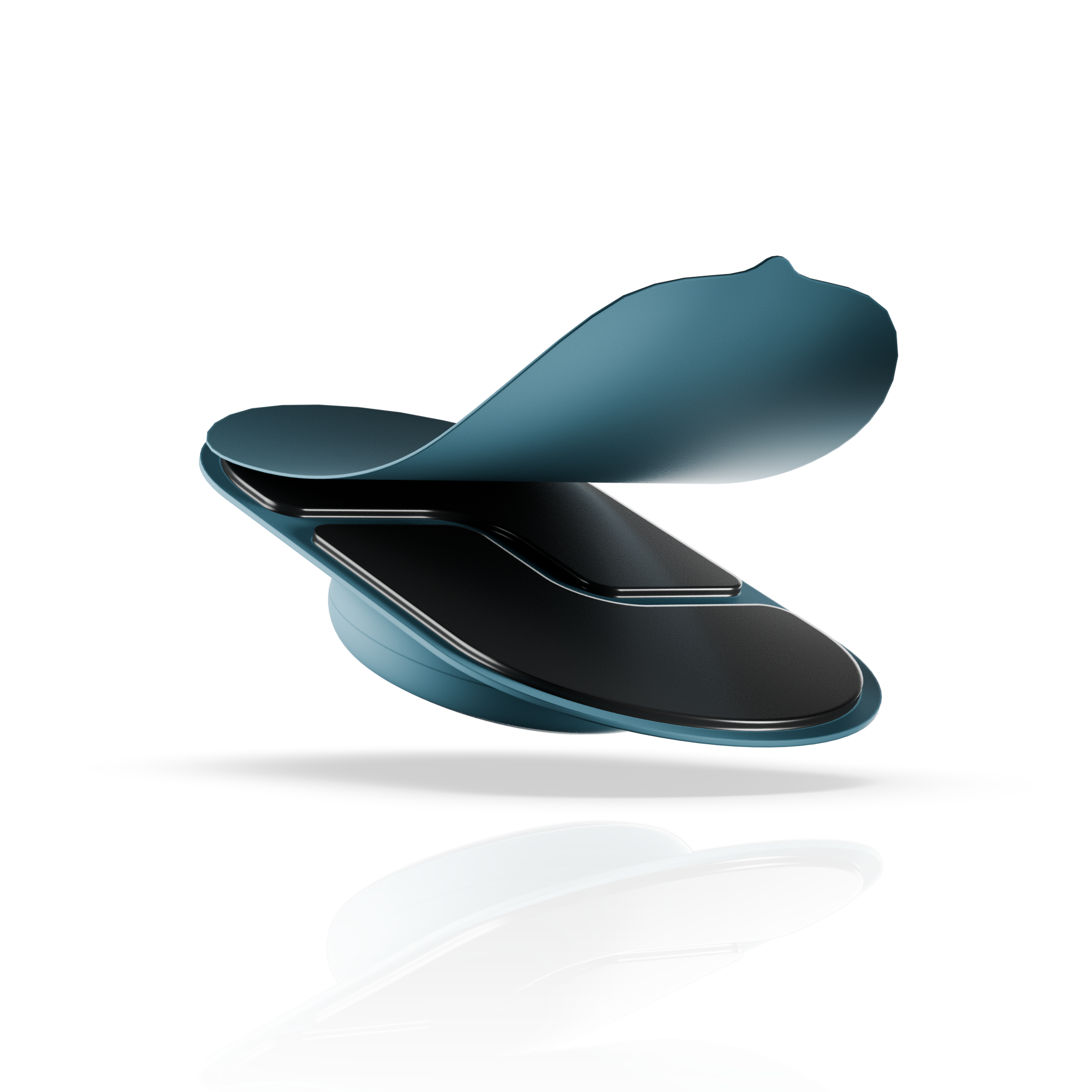 A sleek, blue and black foldable object with a clamshell design, shown on a white reflective surface.