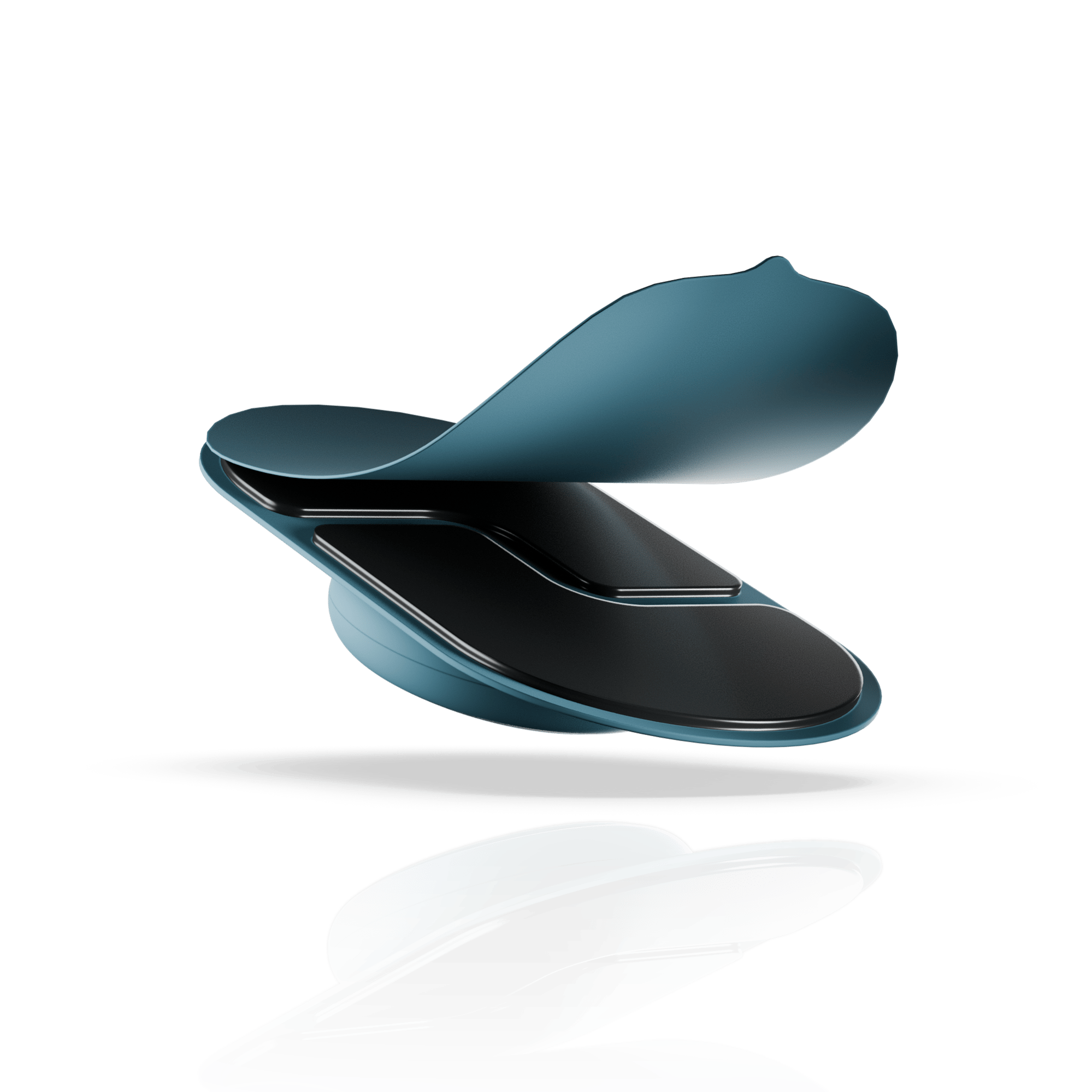 A sleek, blue and black foldable object with a clamshell design, shown on a white reflective surface.
