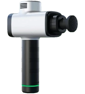 A black and silver handheld massage gun with a round attachment.