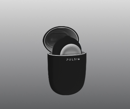 Black case with rounded device partially exposed inside.