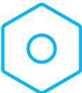 Blue hexagonal shape with a circle in the center on a white background.