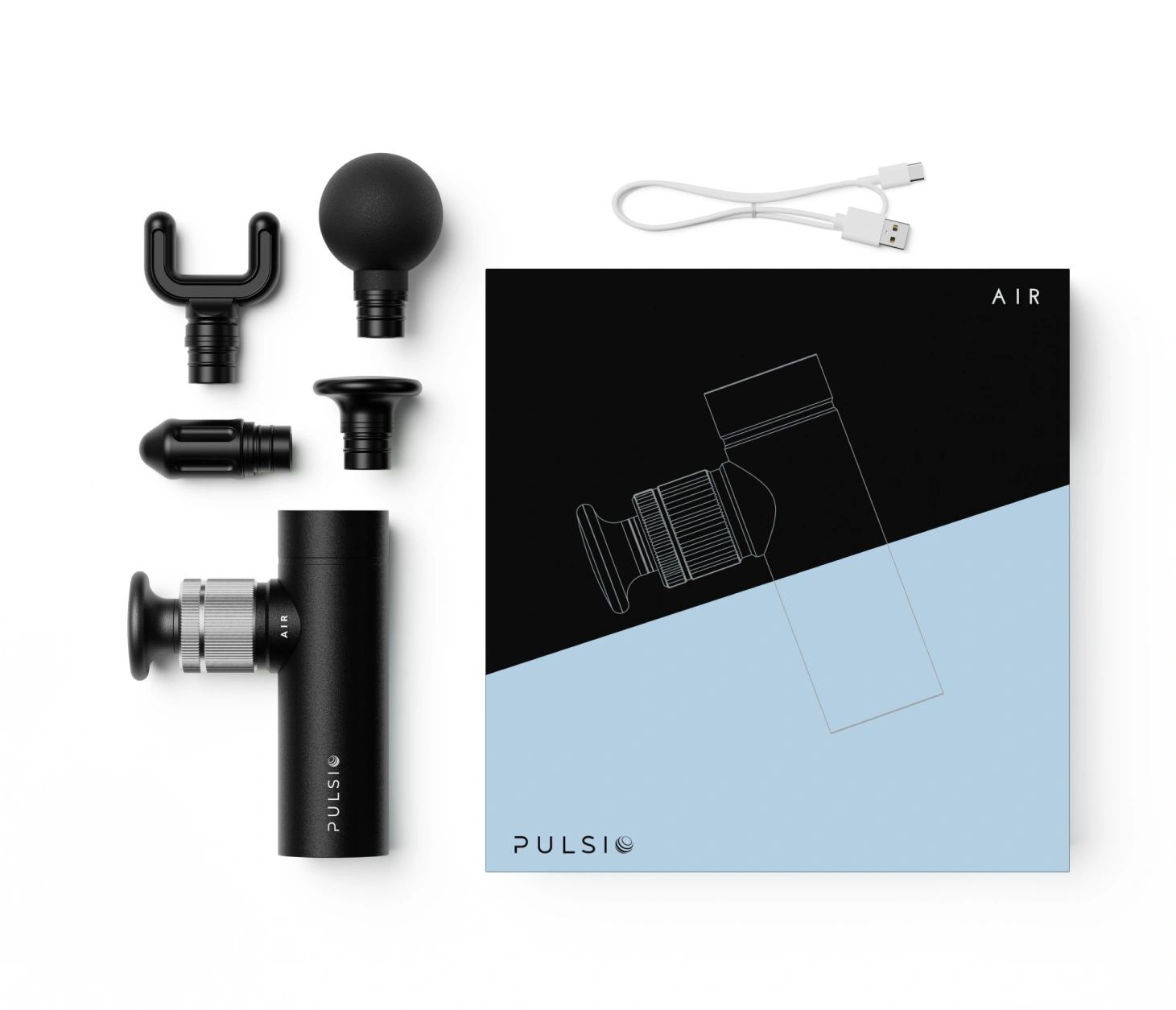 Black massage gun with multiple attachments, box, and USB cable.