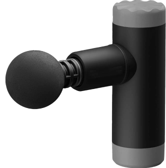 Black handheld massage gun with a round attachment.