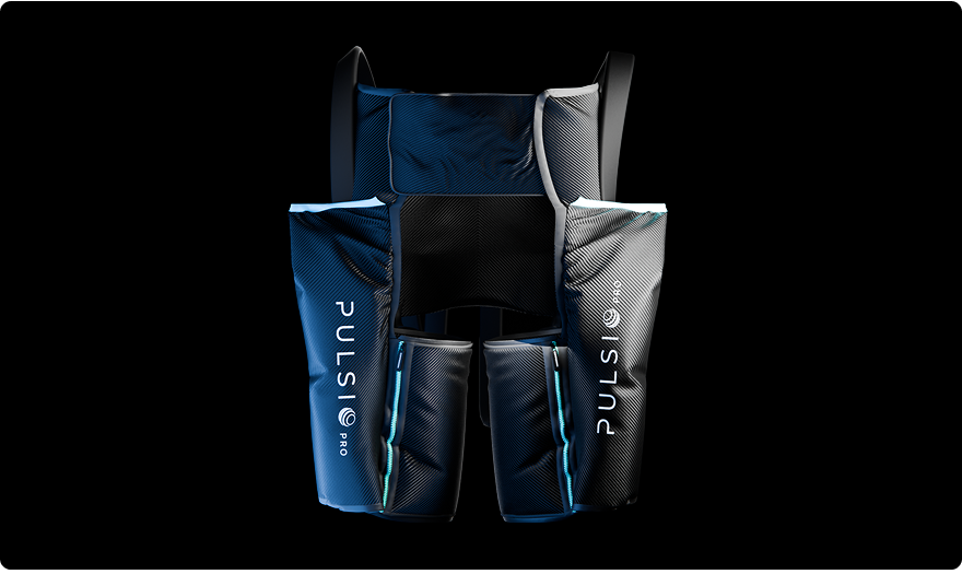 Black and blue wearable vest with 'PULSIO' branding on a black background.