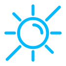 Blue sun icon with rays on a transparent background.