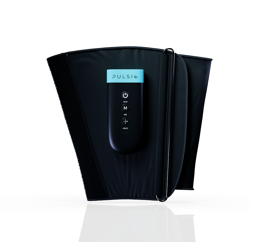 A black PULSI therapy wrap with an attached electronic control panel, on a white reflective surface.