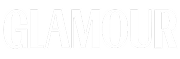 The word GLAMOUR in a white, outlined, serif font on a transparent background.