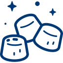 Illustration of three blue marshmallows with sparkles around them.