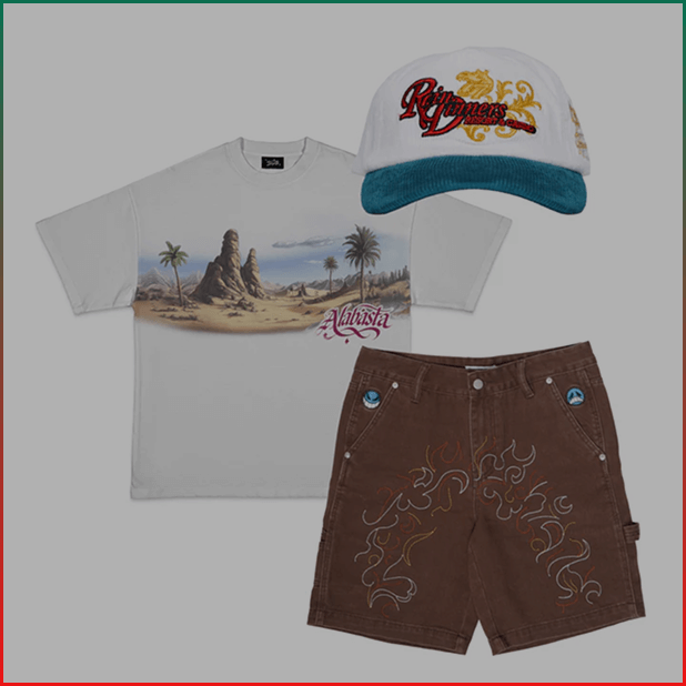 T-shirt with desert scene, brown shorts with embroidery, and embroidered cap.