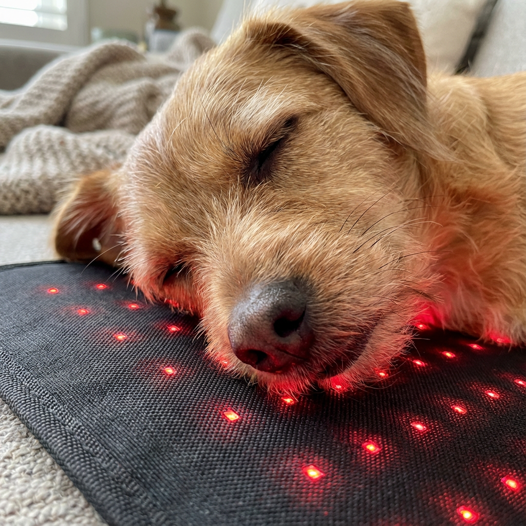 A small, light brown, scruffy dog sleeping with its head resting on a black mat with red lights.